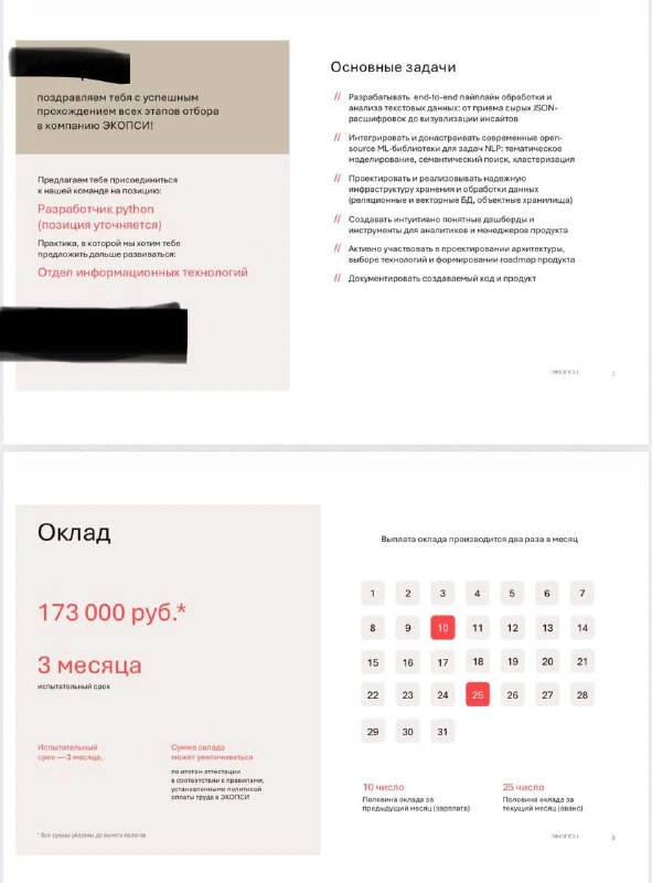Обезличенный оффер выпускника ЮНИКОД на позицию Python-разработчик